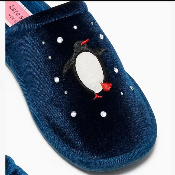 Kate Spade Jolie Penguin Slippers Size 6 Blue Velvet Rhinestones - Picture 4 of 5